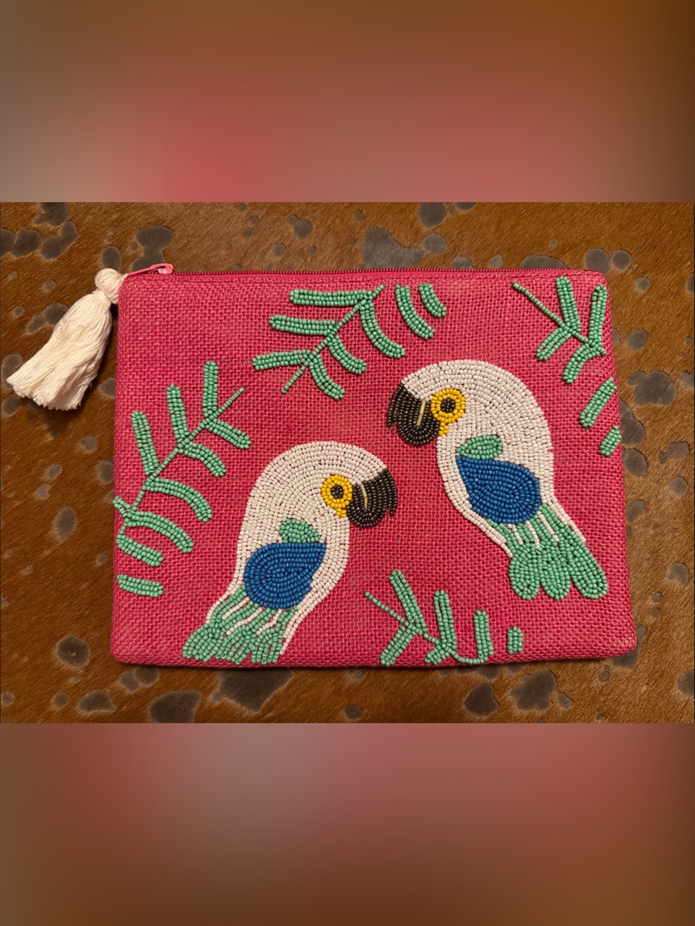 Mud Pie Pink Straw Beaded Parrot Zip Pouch